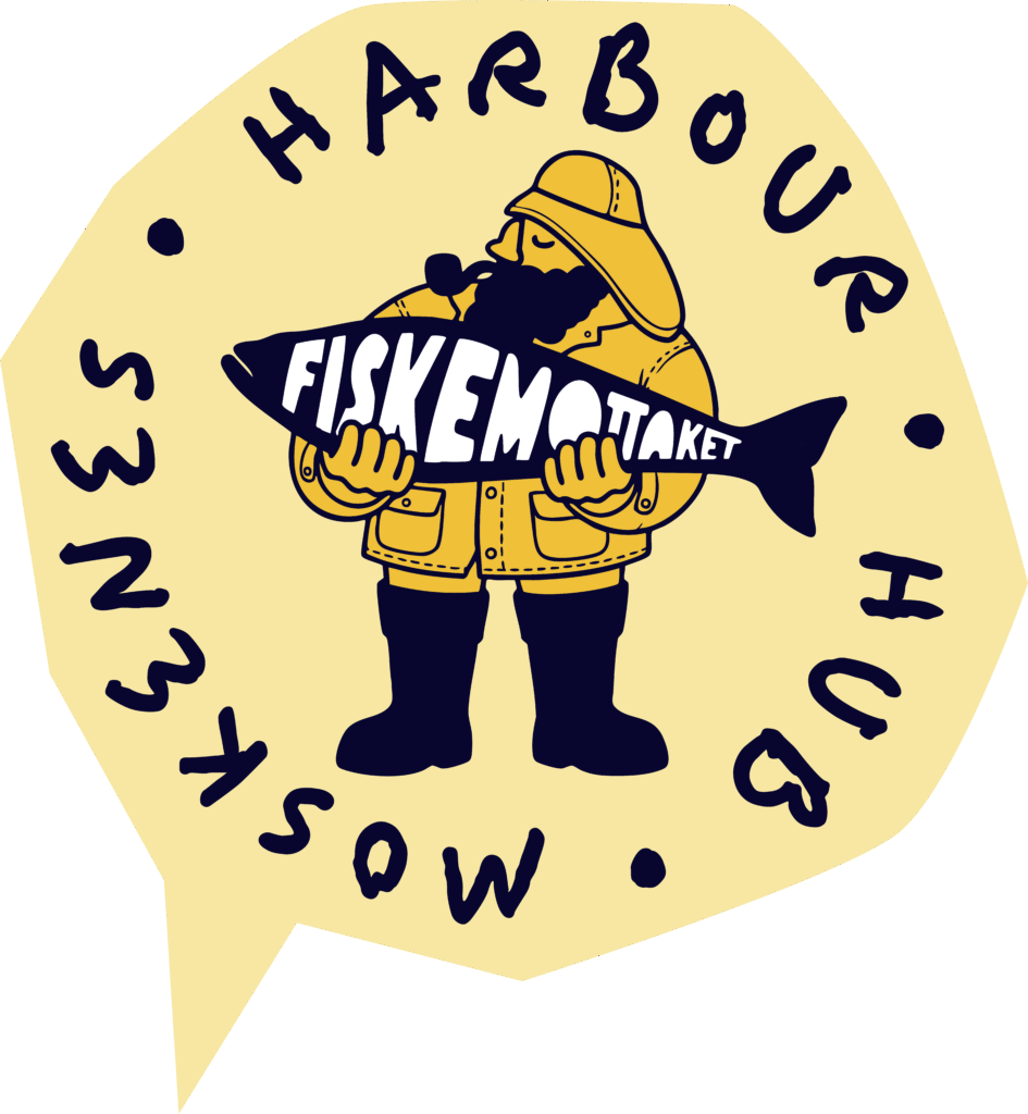 logo of Fiskemottaket - Fisherman holding the big fish decorated with the name of the Moskenes Harbour Hub.